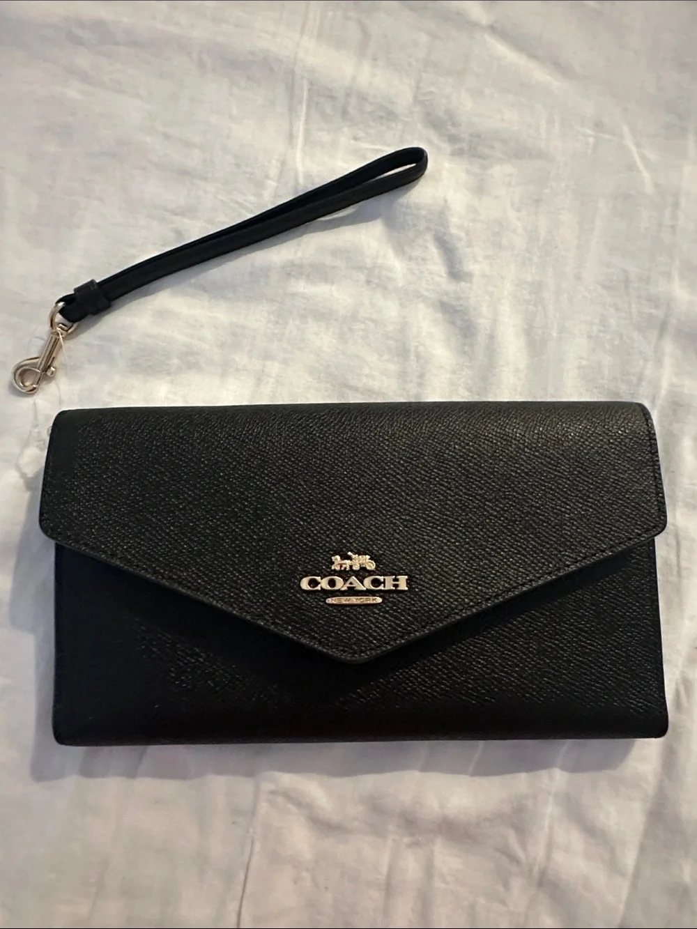 Coach Black Leather Envelope Wristlet Clutch with Gold Logo